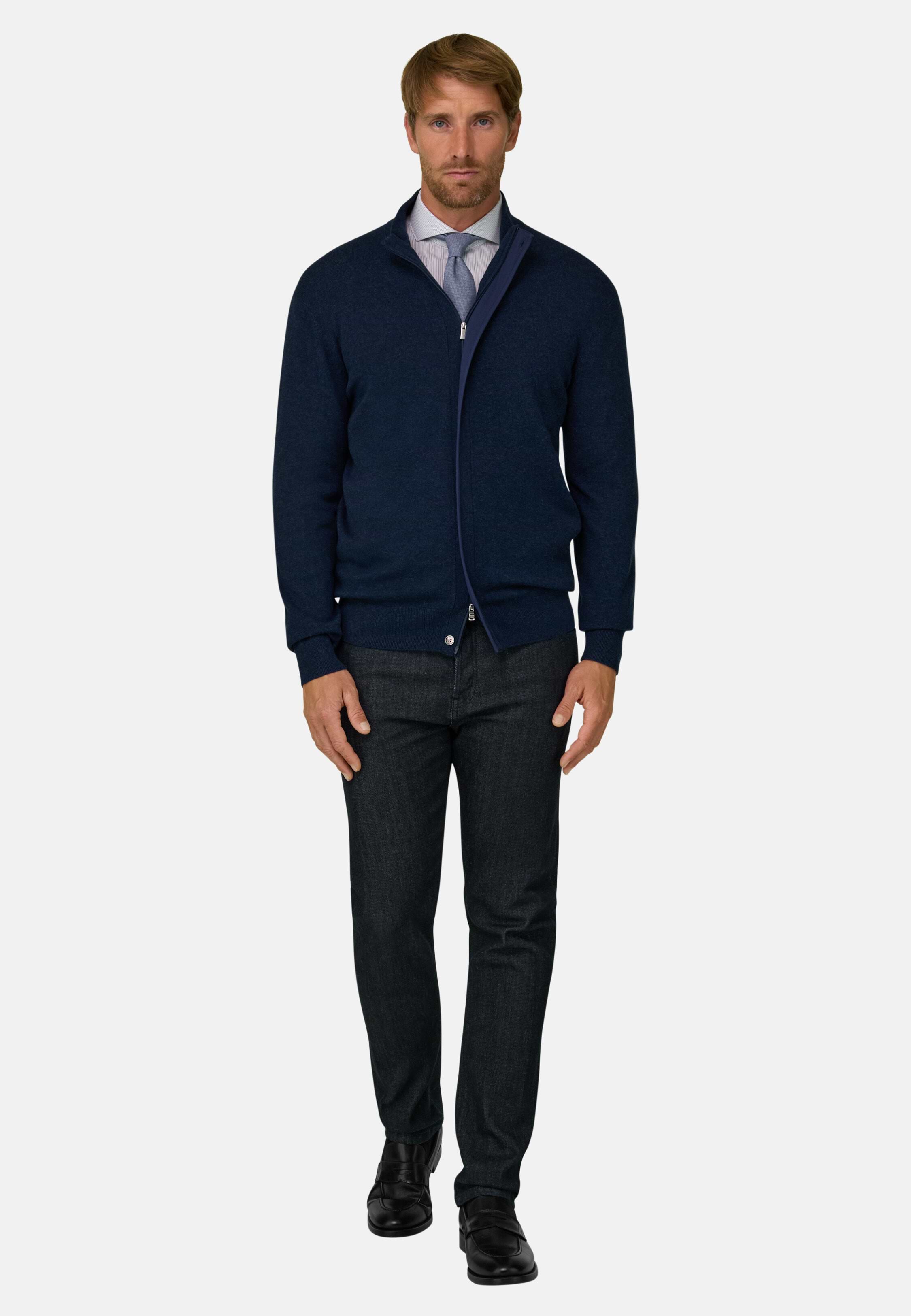 Men's Roll Neck Jumper Full-Zip Wool Cashmere Mélange, Navy blue