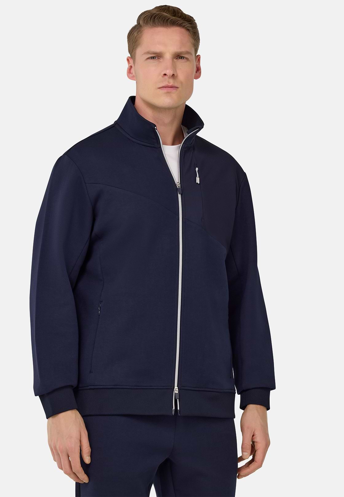Sweat-Shirt Full Zip En Mélange Coton Et Scuba Léger, bleu marine, hi-res