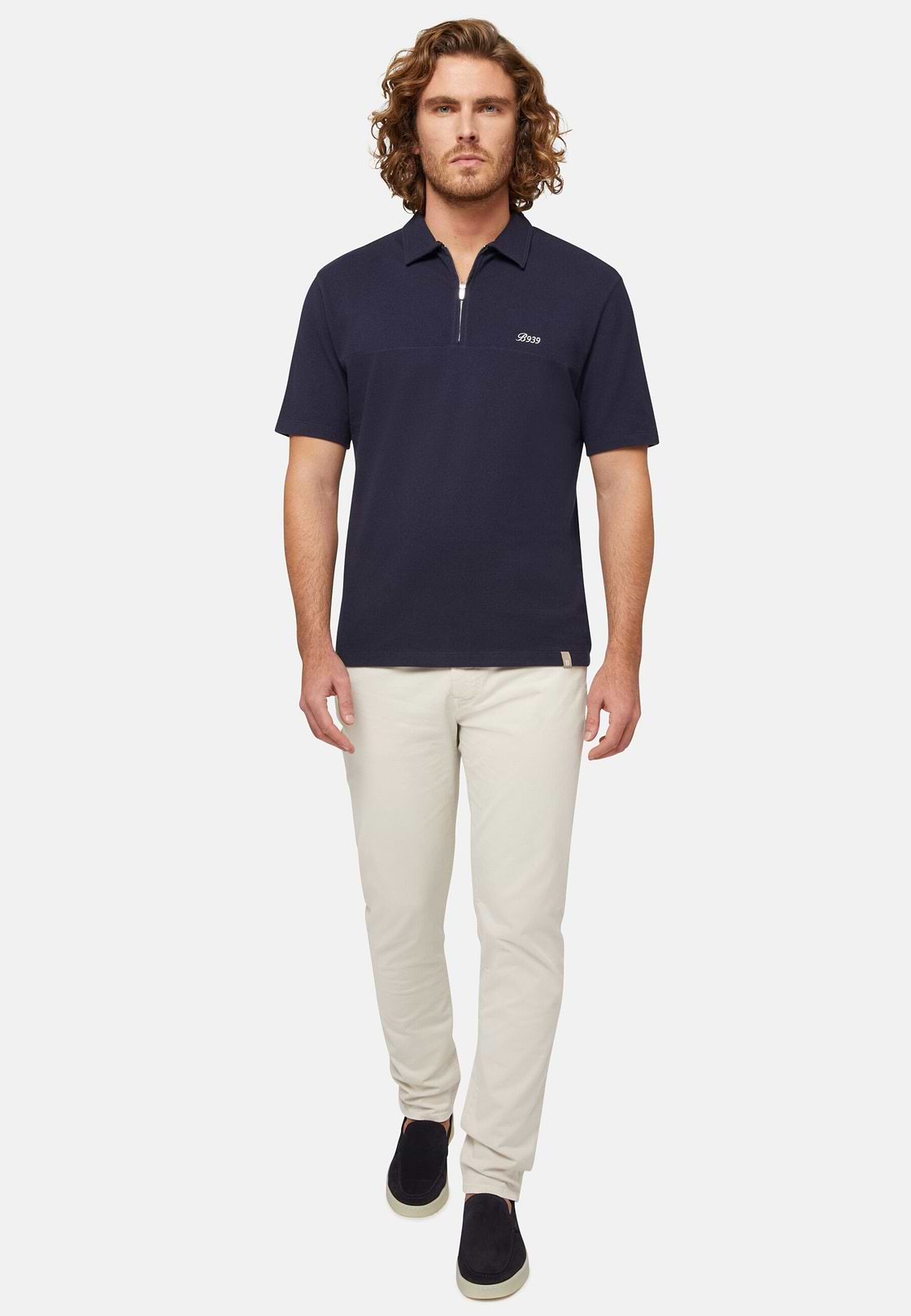 Organic Cotton Blend Piqué Polo Shirt, Navy blue, hi-res