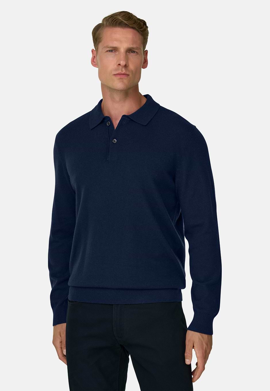 Knitted Polo Shirt in Cashmere Blend, Navy blue, hi-res