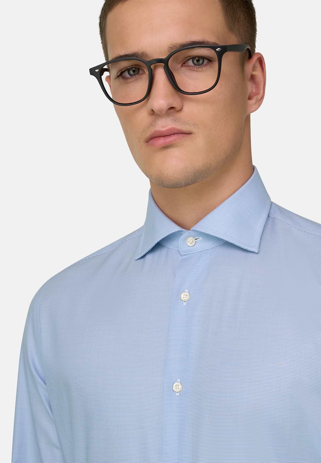 Slim Fit Houndstooth Cotton Shirt, Light Blue, hi-res, 4