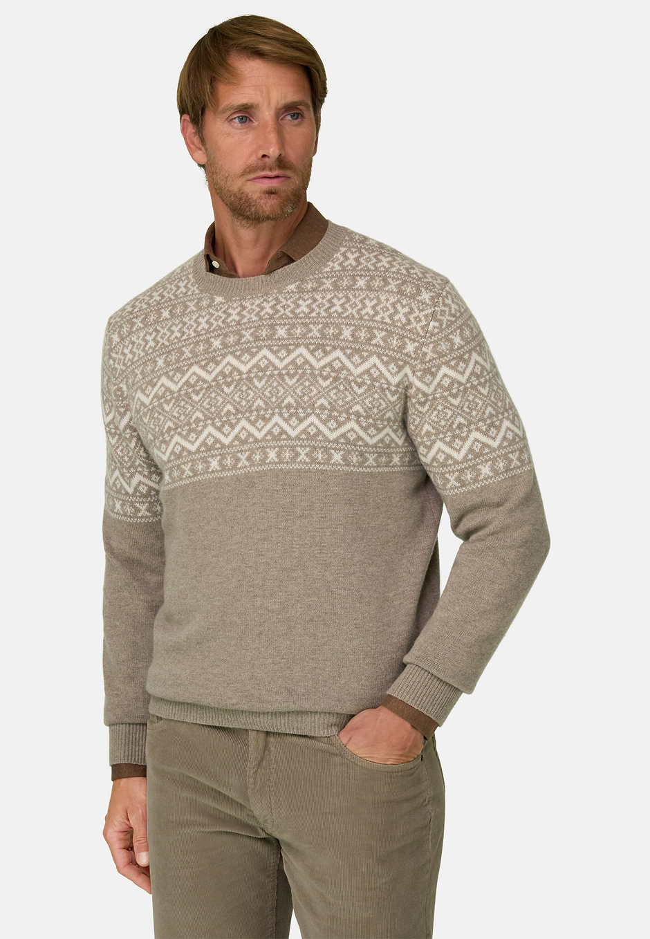 Pull en Laine Cachemire Motif Fair Isle, Beige, hi-res