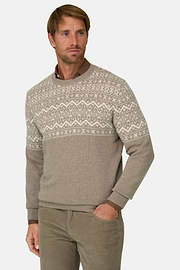 Crew Neck Jumper in Cashmere Wool Fair Isle Pattern, Beige, thumb, 1