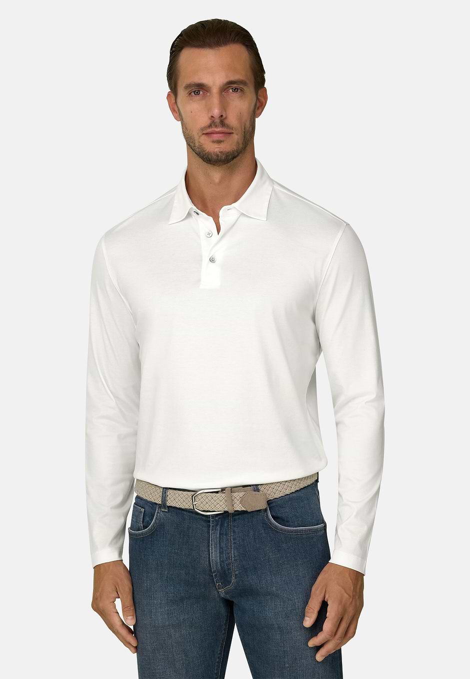 Polo en Jersey de Coton et Soie, Blanc, hi-res