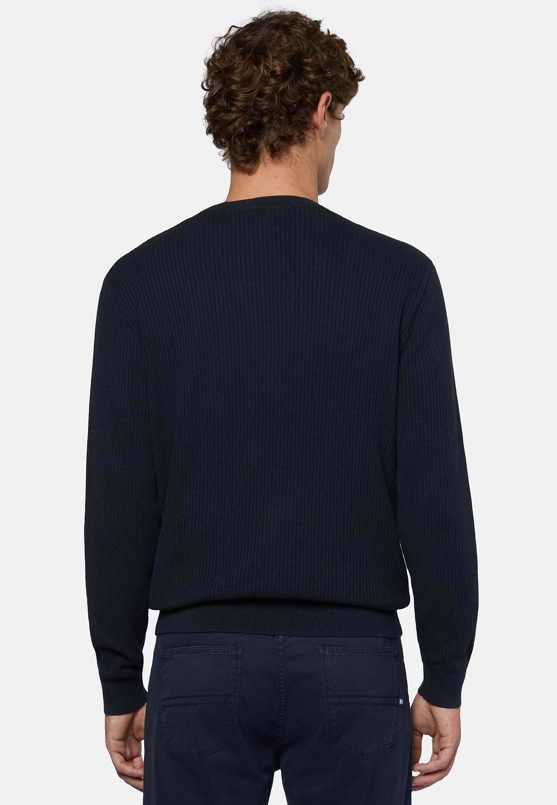 Navy Crew Neck Jumper In Cotton, Navy blue, hi-res