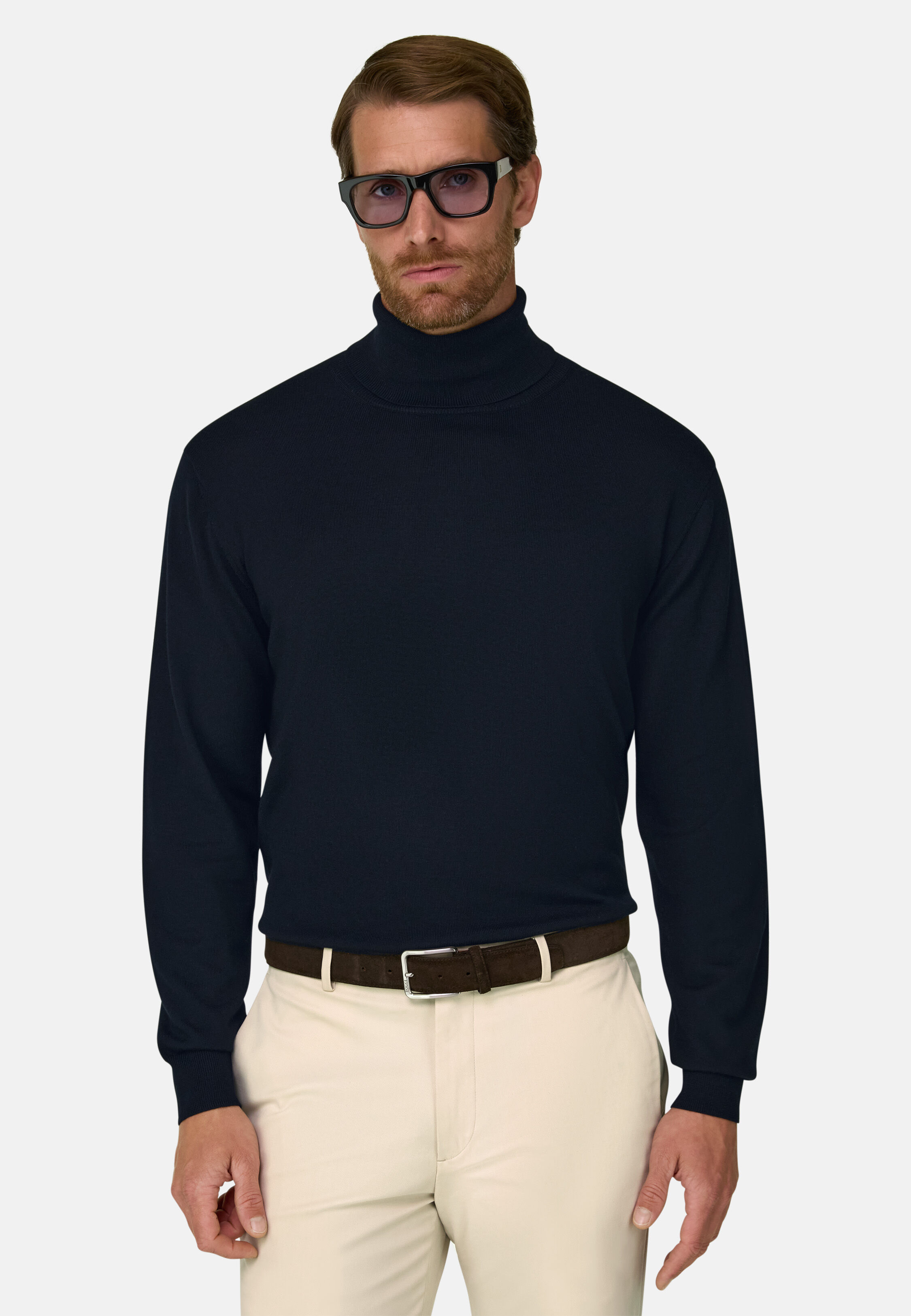 Men's Turtleneck Jumper in Extrafine Merino Wool, Navy blue