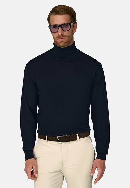Jersey con cuello alto en lana merino extrafina, Azul  Marino, hi-res