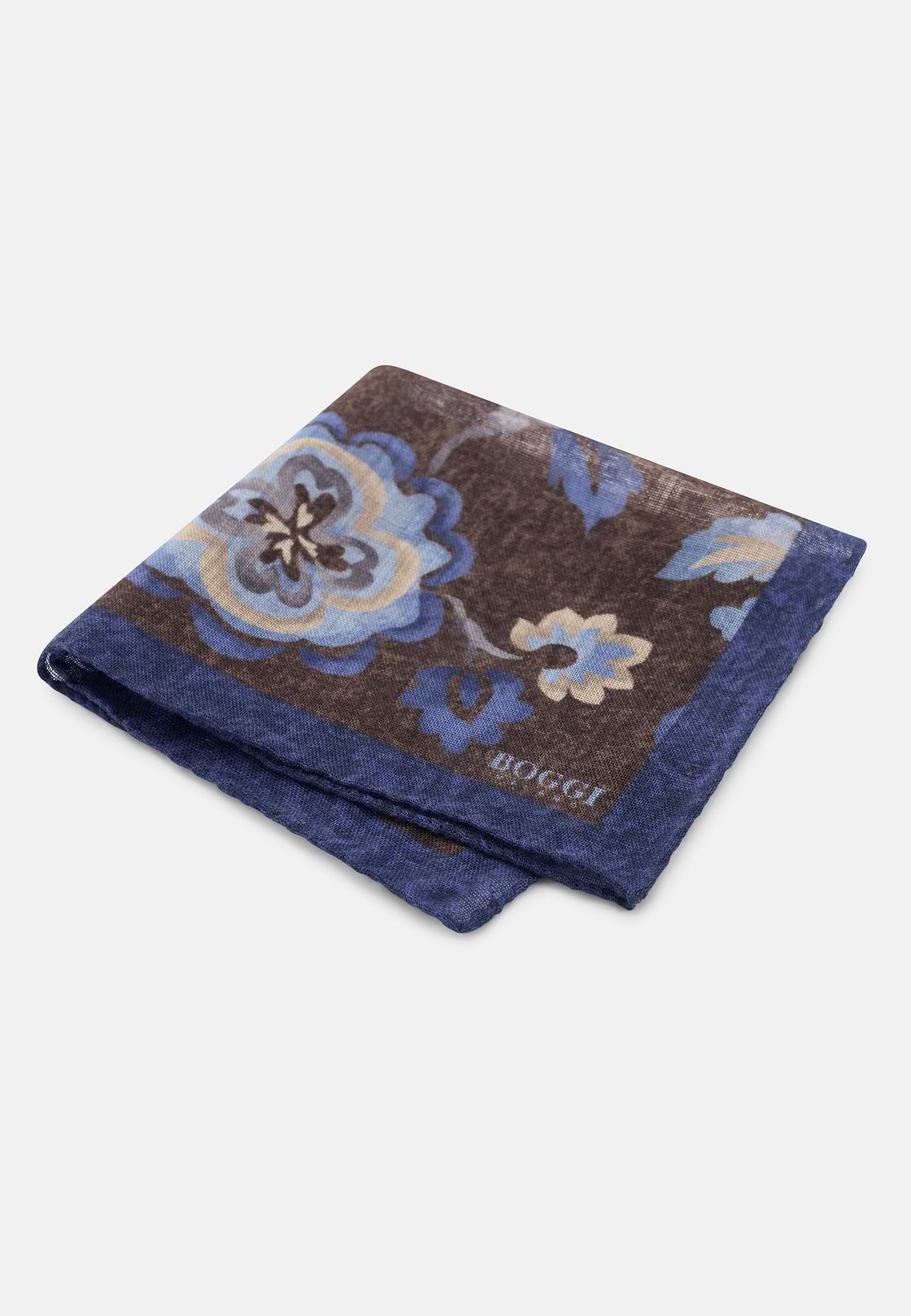 Pocket Square Macro Floral Print Wool, Dark brown, hi-res, 1