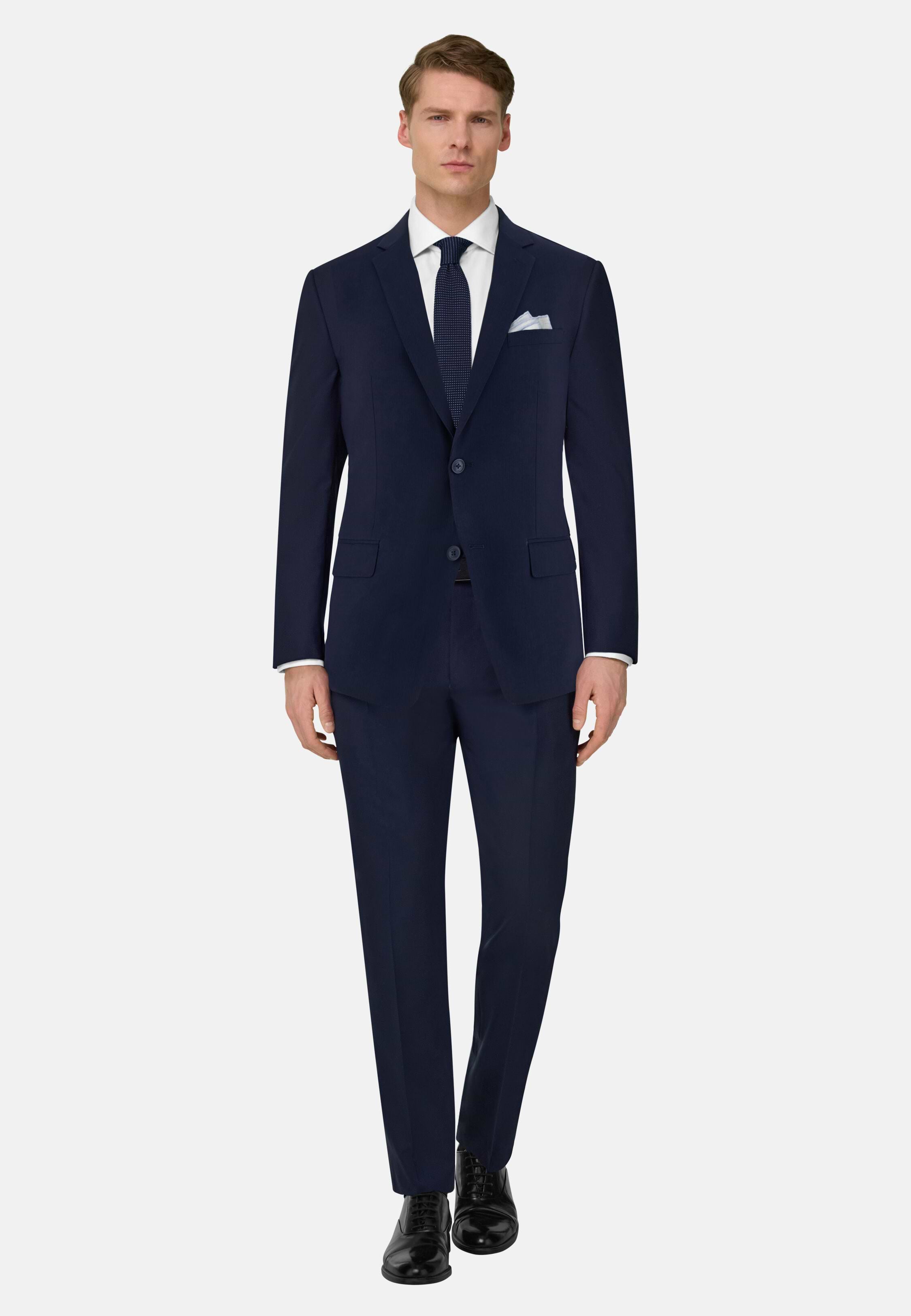 Men's Fine Pinstripe Suit in Stretch Wool, Navy blue | Boggi Milano
