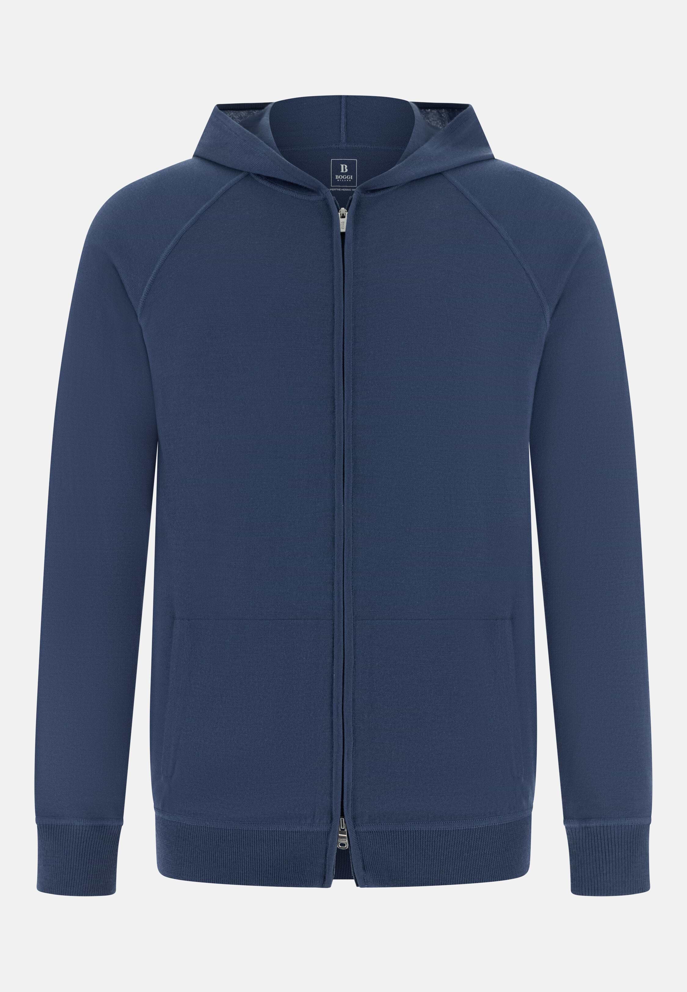 Men's Full-Zip Knitted Hoodie in Superfine Wool, Air-blue | Boggi
