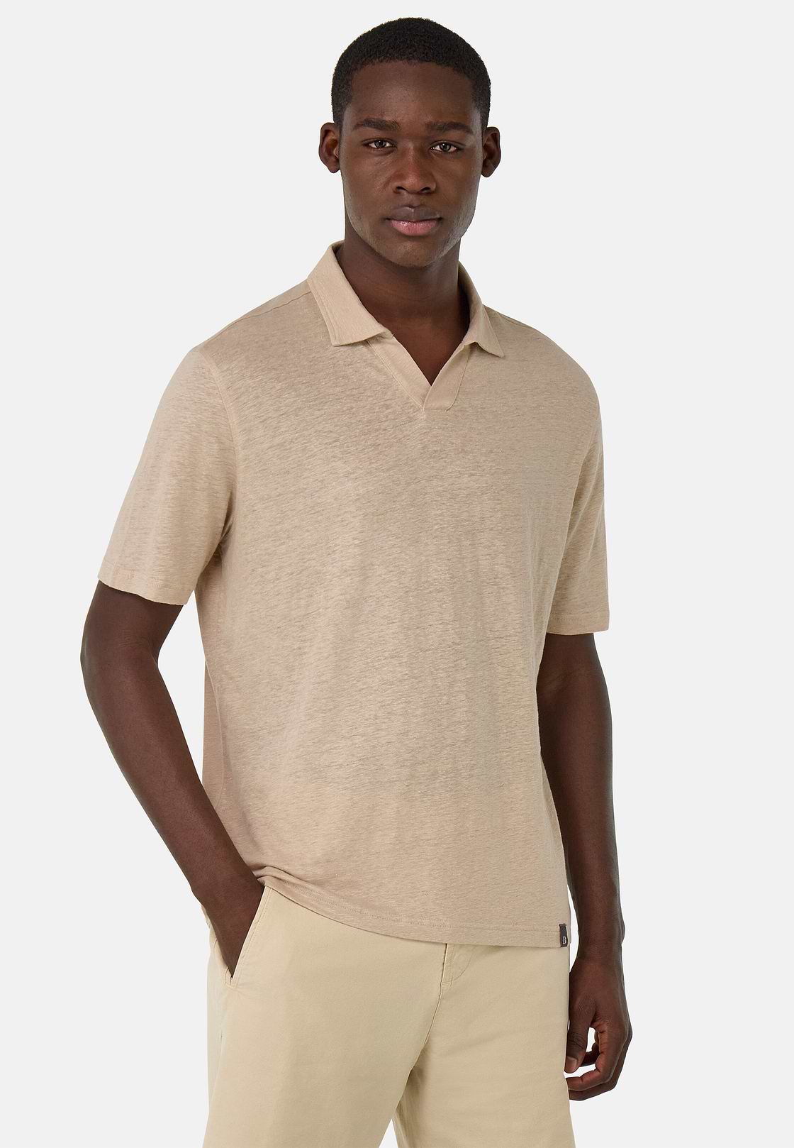 Stretch Linen Jersey Polo Shirt, Sand, hi-res