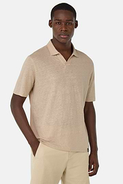 Stretch Linen Jersey Polo Shirt, Sand, hi-res
