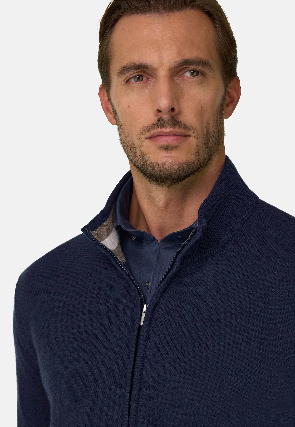 Full-Zip Jumper in Cashmere Blend, Navy blue, hi-res, 3