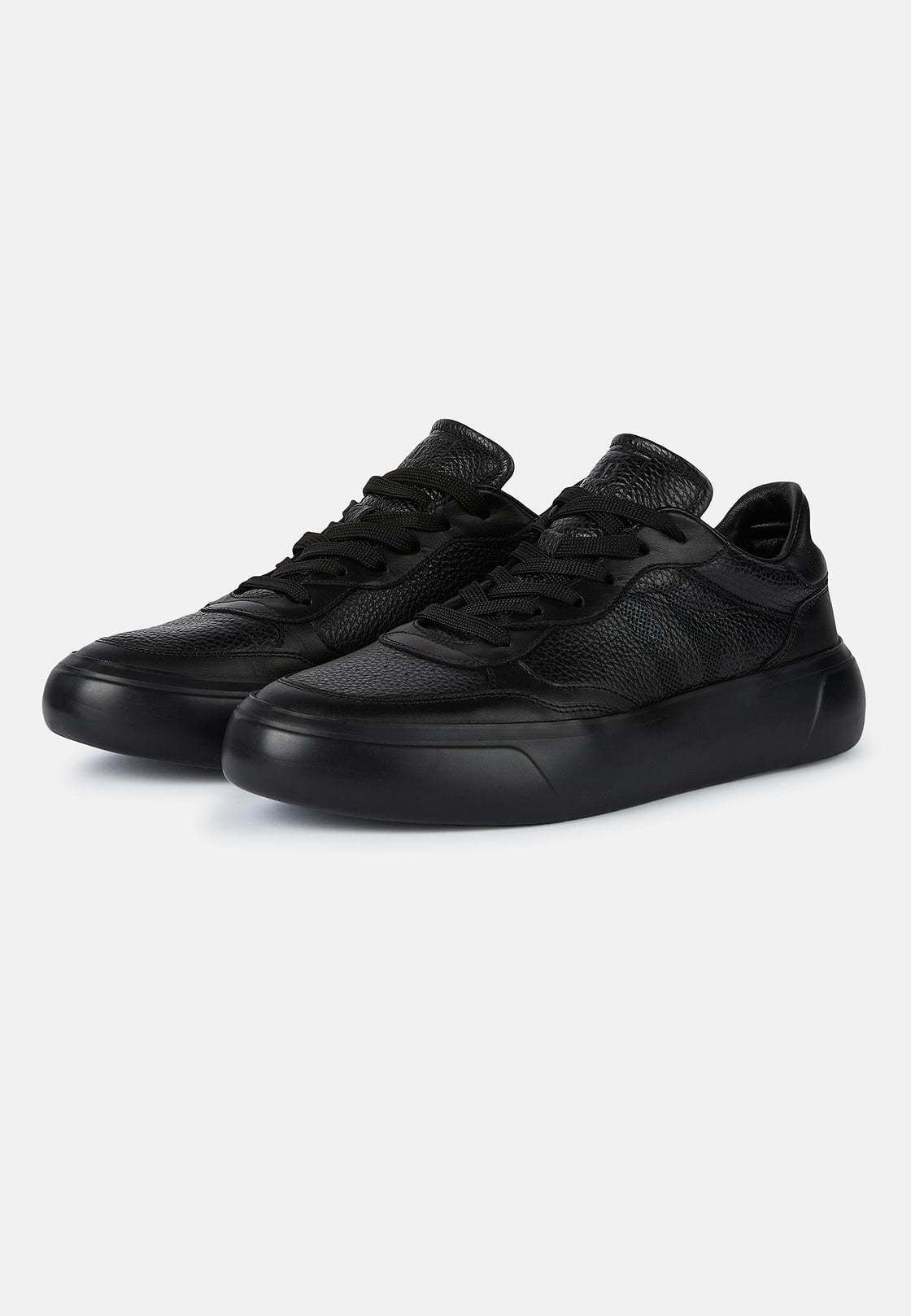 Tumbled Leather Trainers With Logo, Black, hi-res