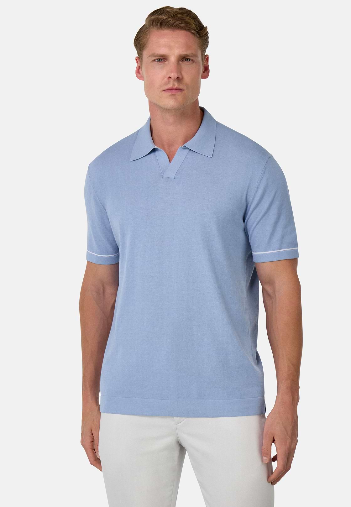 Cotton Crêpe Knit Polo Shirt, Light Blue, hi-res