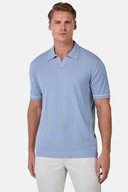 Cotton Crêpe Knit Polo Shirt, Light Blue, hi-res