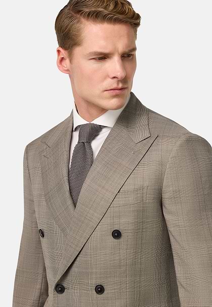 Prince of Wales Check Pure Wool Suit, Taupe, hi-res