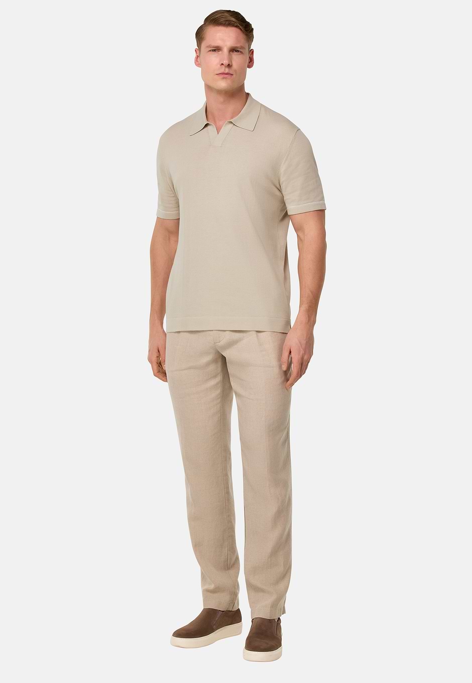Cotton Crêpe Knit Polo Shirt, Sand, hi-res