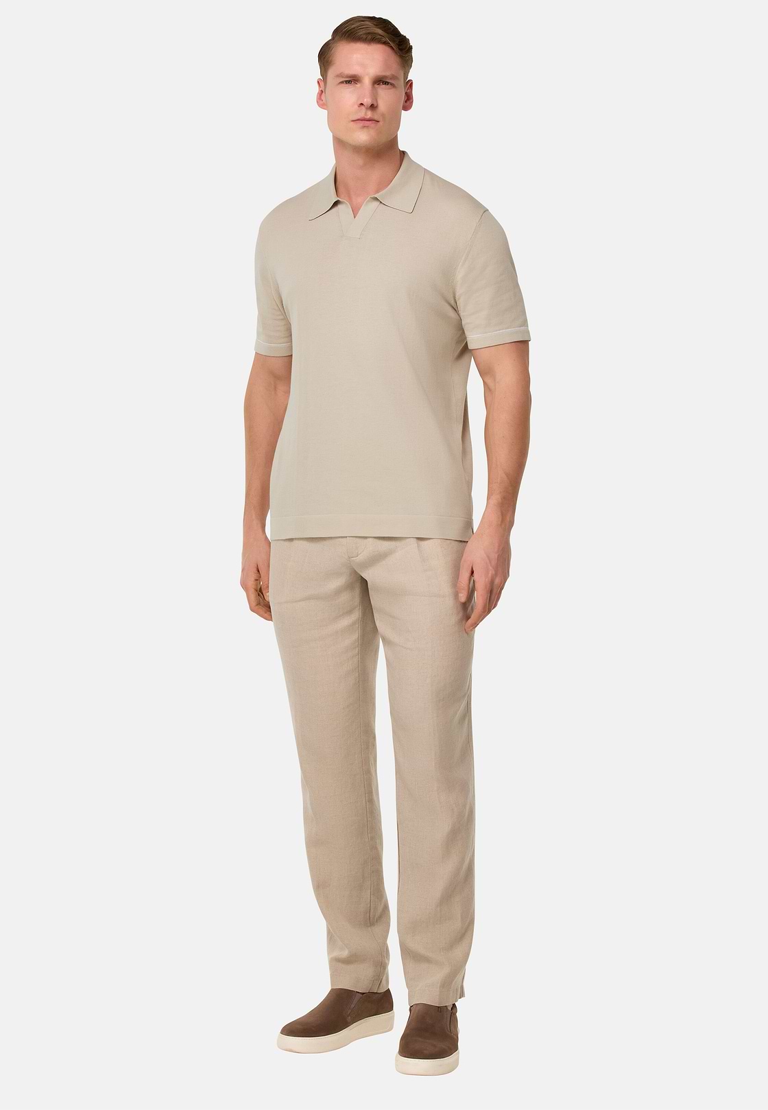 Cotton Crêpe Knit Polo Shirt, Sand, hi-res