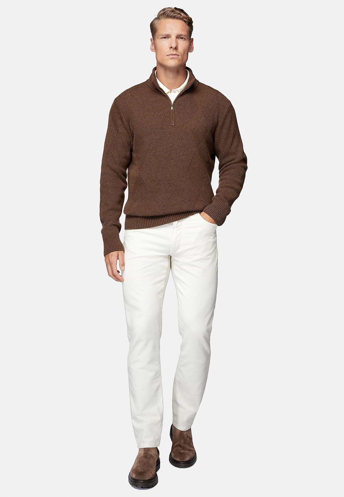 Pull Demi-Zip Noisette En Laine Nylon, Noisette, hi-res