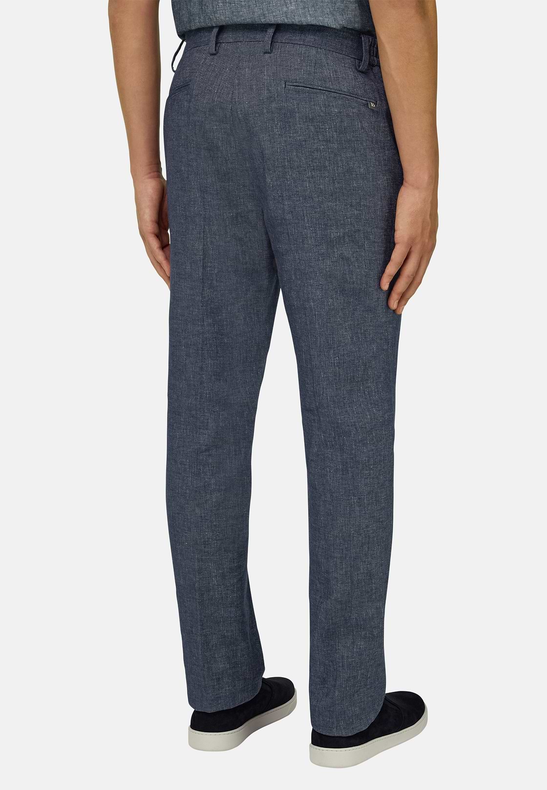 Pantaloni In Cotone Lino Elasticizzato, Indaco, hi-res, 3