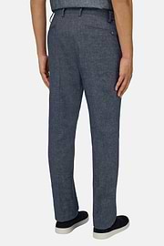 Pantaloni In Cotone Lino Elasticizzato, Indaco, thumb, 3