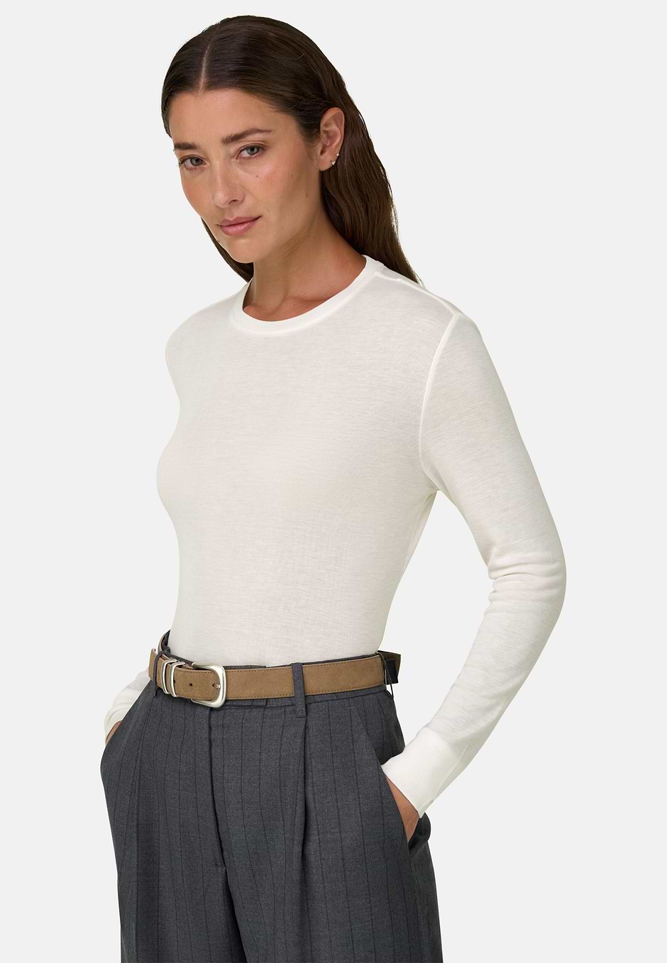T-Shirt aus Mischgewebe mit Geripptem Muster, Weiß, hi-res