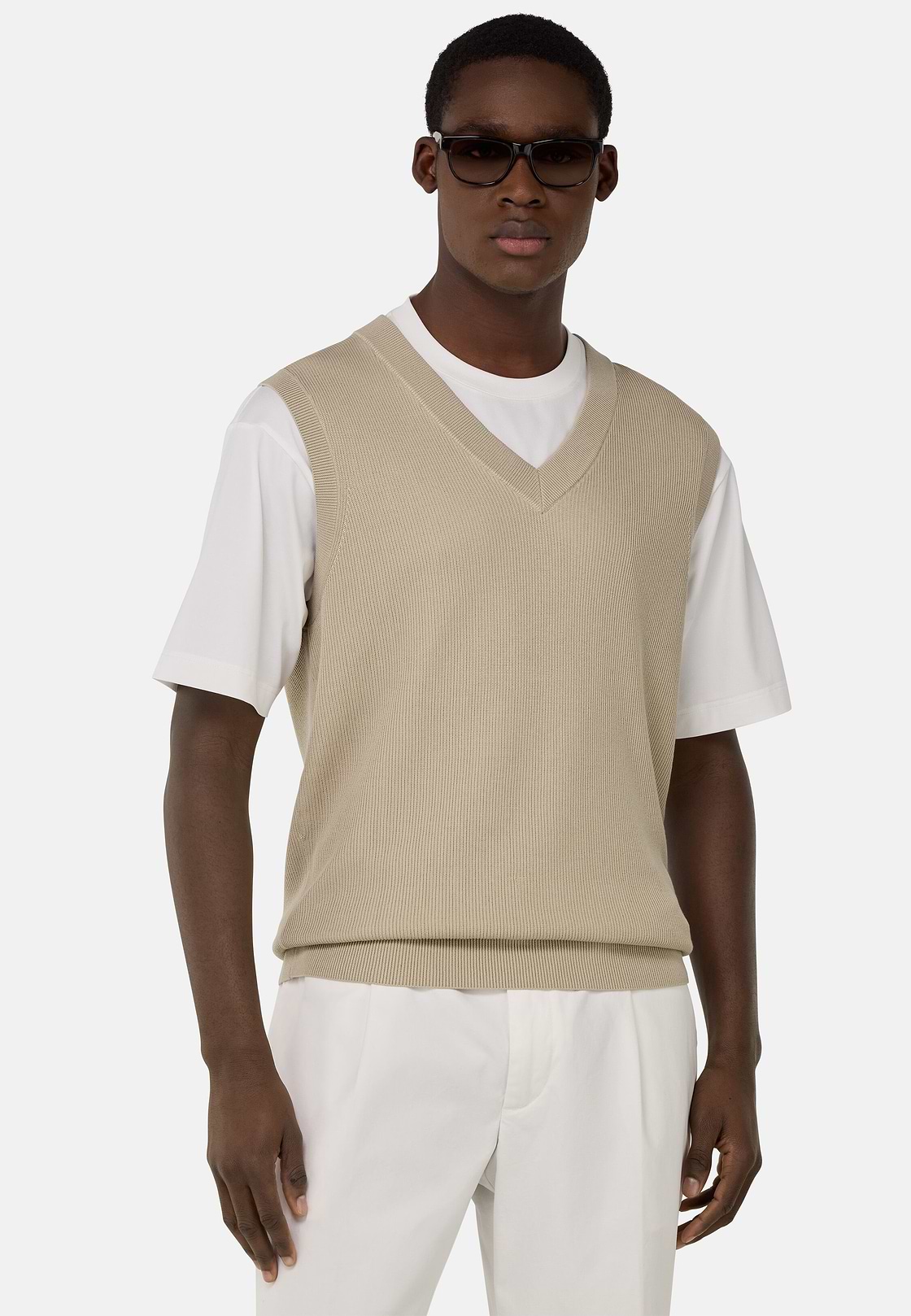 Pullover Mit V-Ausschnitt Aus Baumwolle und Seide, Sand, hi-res