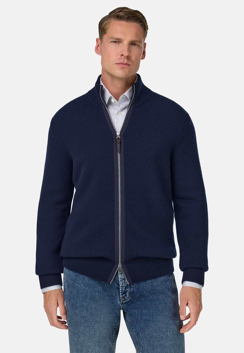 Cashmere Full-Zip Jumper, Navy blue, hi-res
