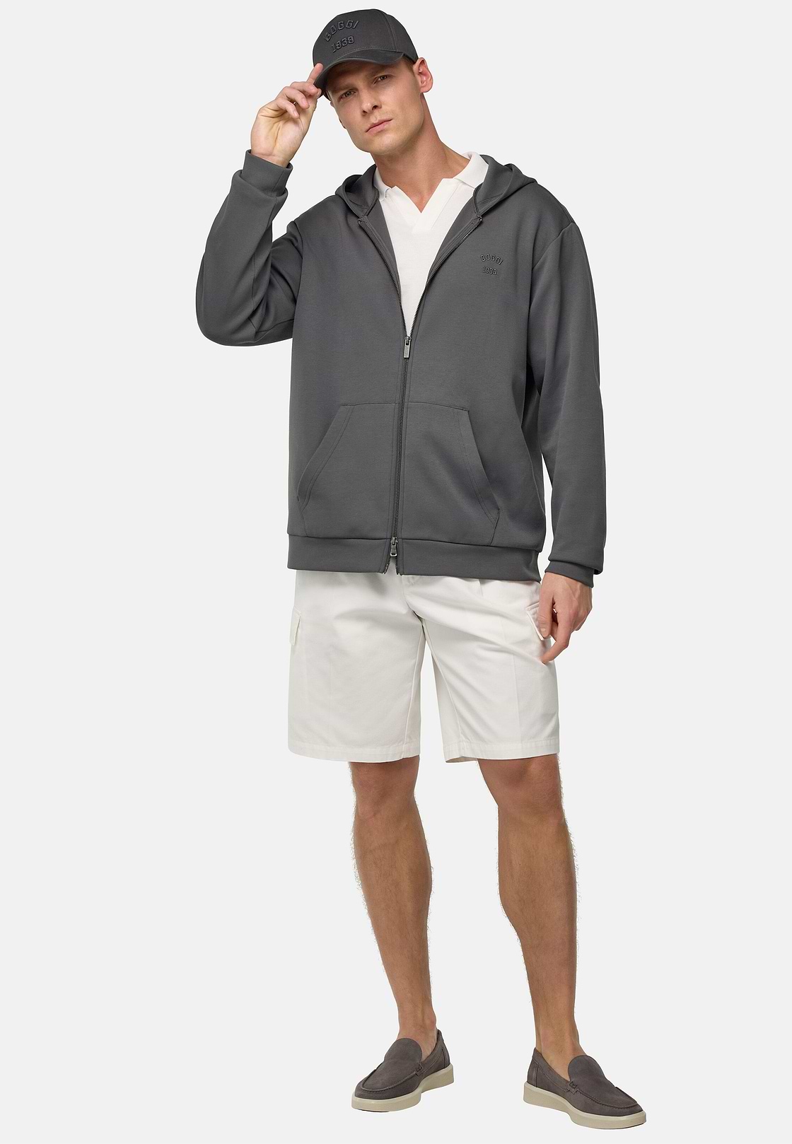 Cotton Blend Full-Zip Sweatshirt, Charcoal, hi-res