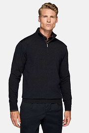 Navy Merino Wool Half Zip Jumper, Navy blue, hi-res