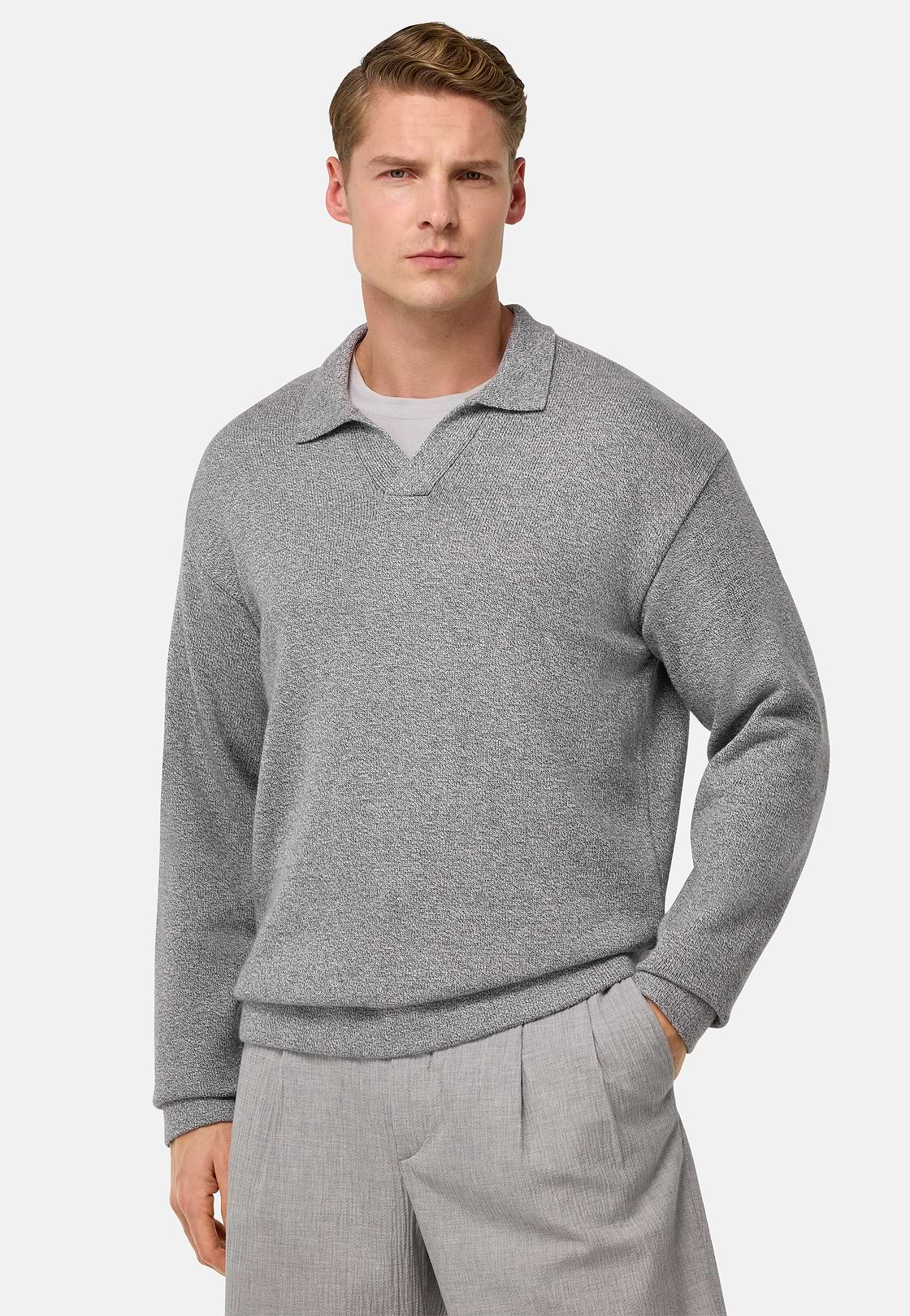 Cotton and Silk Knitted Polo Shirt, Grey, hi-res