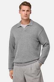 Cotton and Silk Knitted Polo Shirt, Grey, hi-res