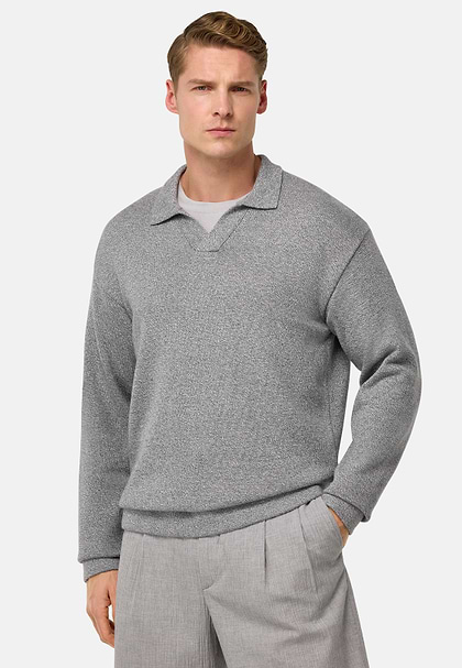 Cotton and Silk Knitted Polo Shirt, Grey, hi-res