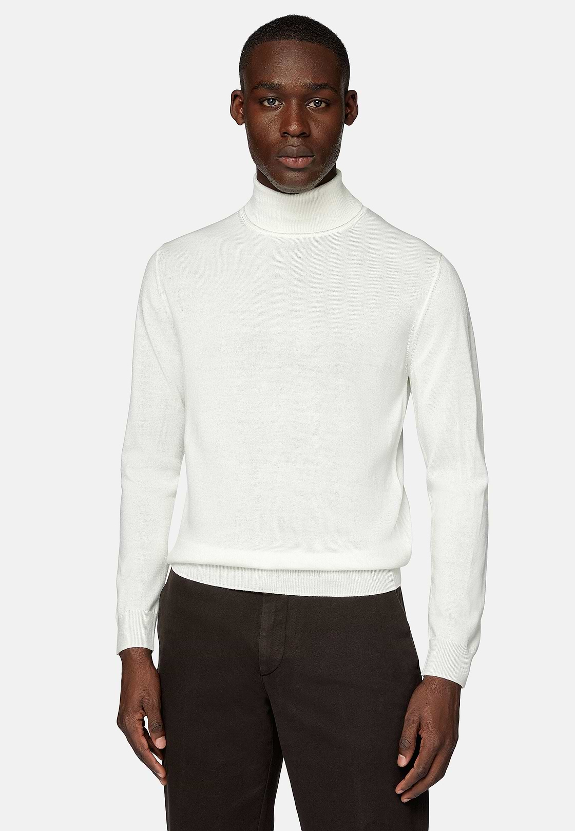 White Polo Neck Jumper in Merino Wool, White, hi-res