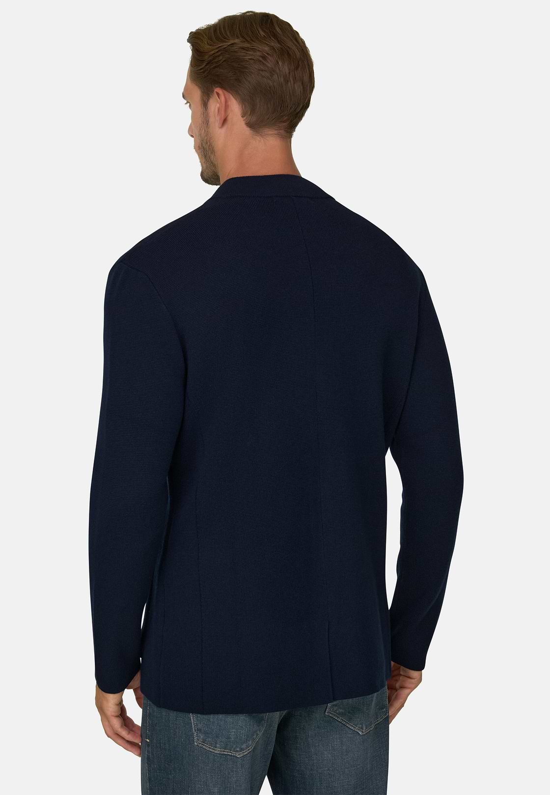 Knitted Jacket in Superfine Merino Wool, Navy blue, hi-res, 4