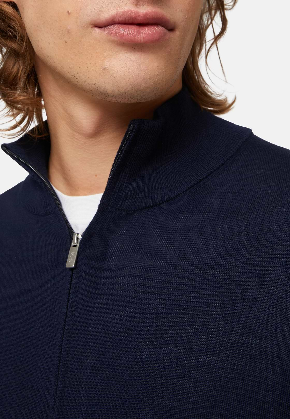 Navy Merino Wool Full Zip Jumper, Navy blue, hi-res