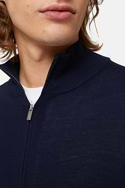 Navy Merino Wool Full Zip Jumper, Navy blue, hi-res