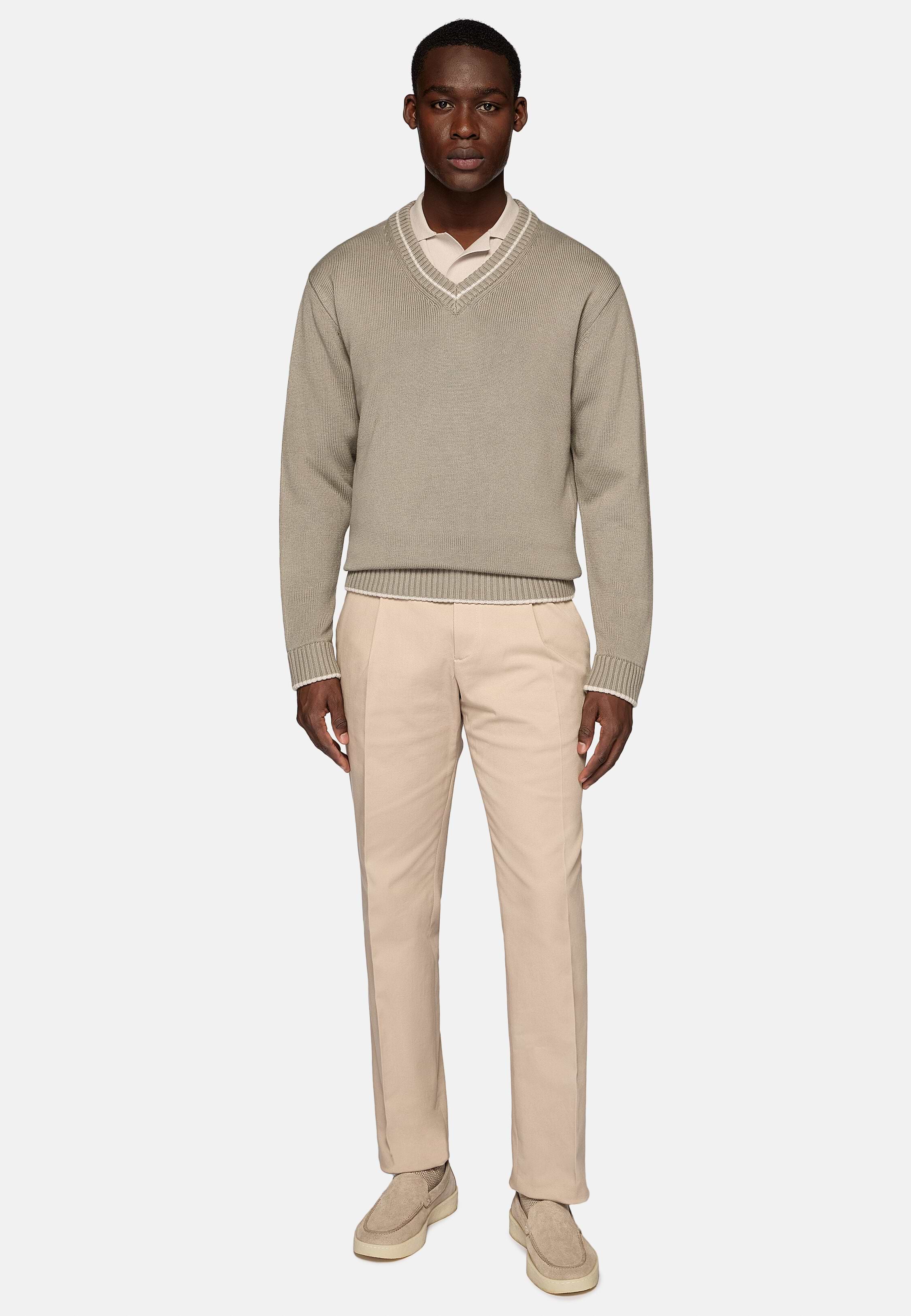 Boggi Milano Taupe V Neck Jumper in Organic Cotton Wool Man Taupe Size L