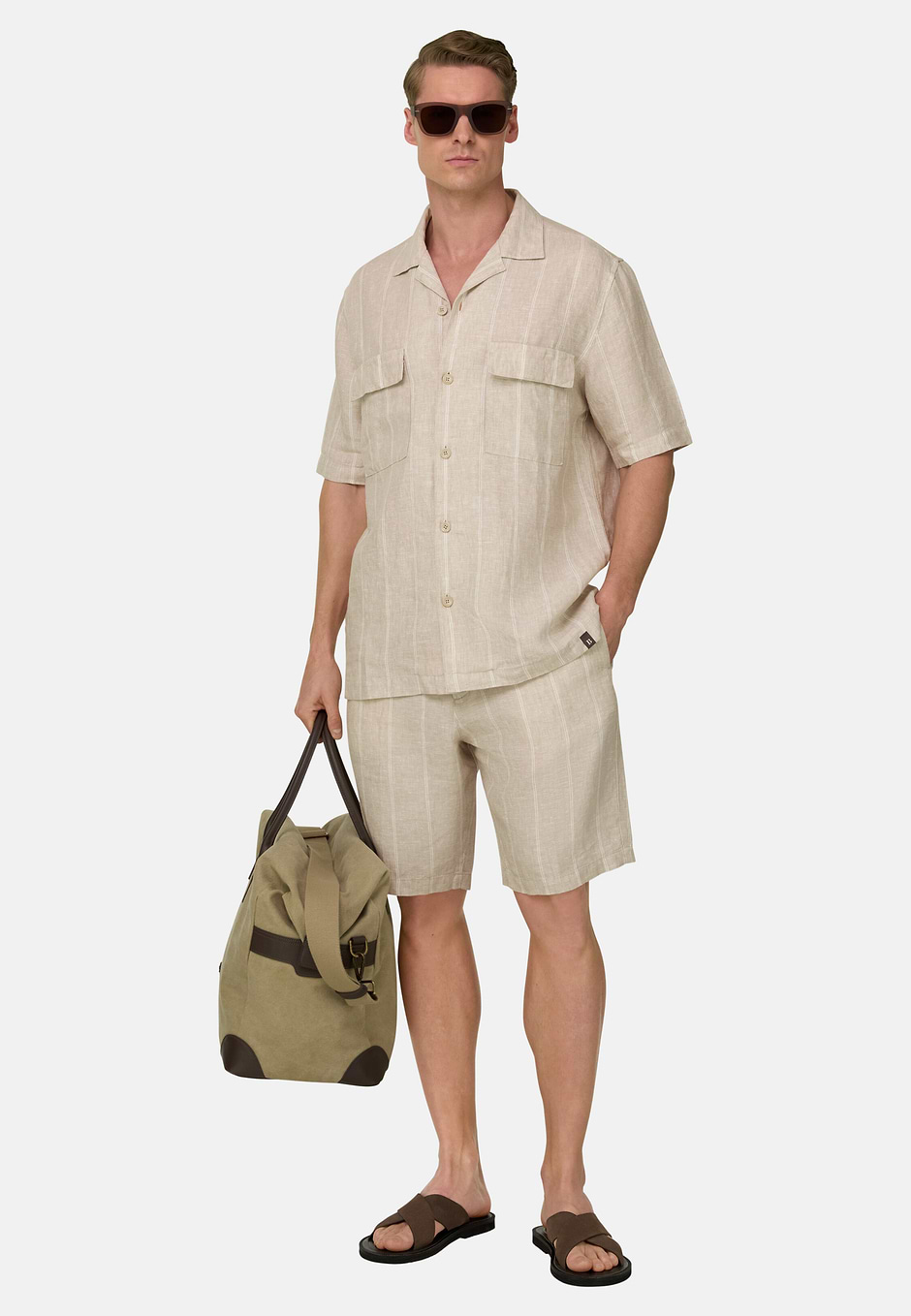 Camisa Rayas Diplomáticas Lino Regular Fit, Arena, hi-res