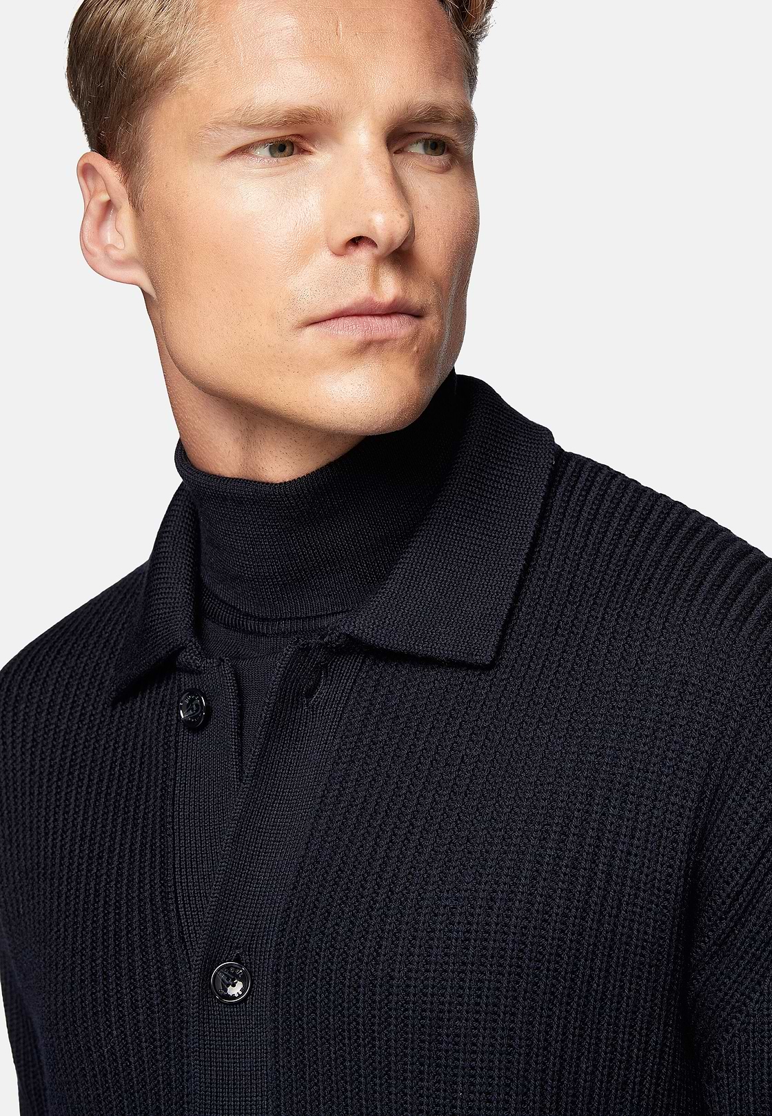 Cárdigan Azul Marino Cuello Camisero De Lana Merina, Azul  Marino, hi-res