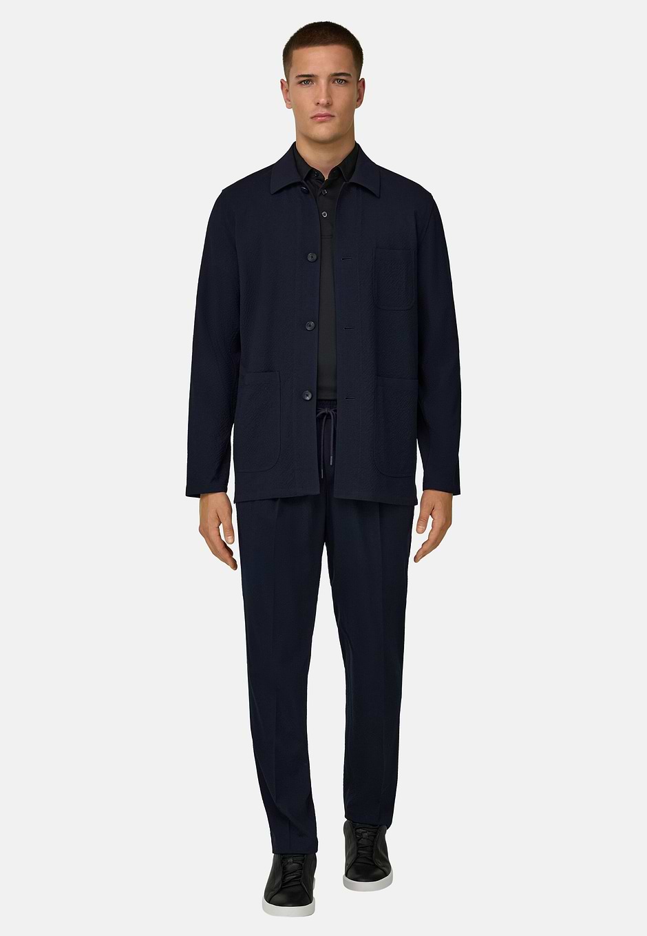 Giacca Camicia In Lana Stretch, Navy, hi-res