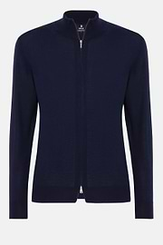 Navy Merino Wool Full Zip Jumper, Navy blue, hi-res