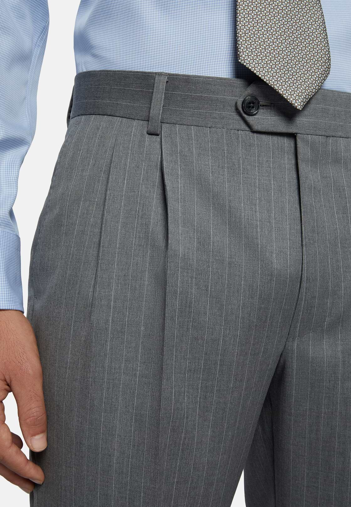 Double-Breasted Grey Pinstripe Suit In Pure Wool, Grey, hi-res