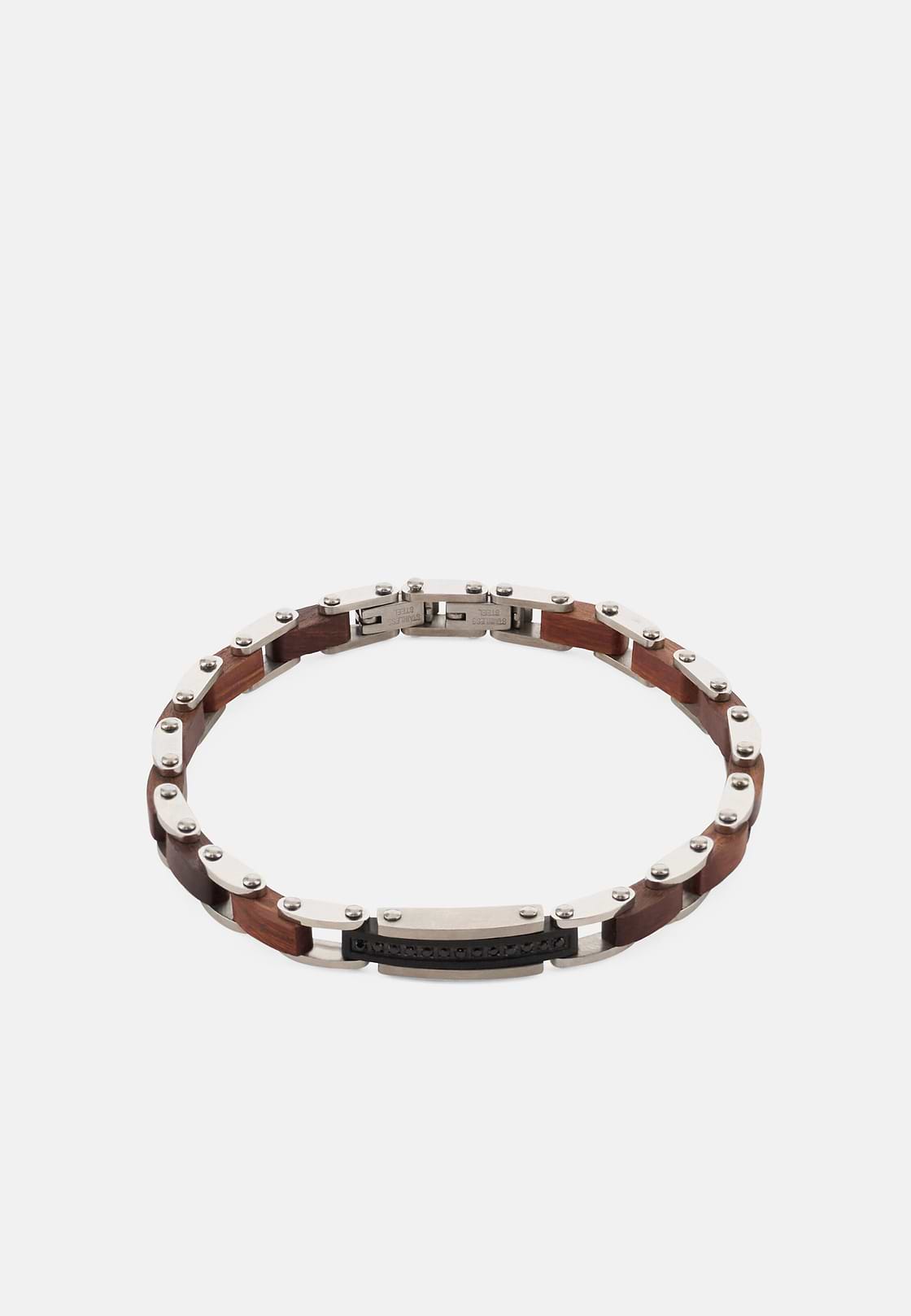 Bracciale A Maglia In Acciaio E Legno, Marrone, hi-res, 1