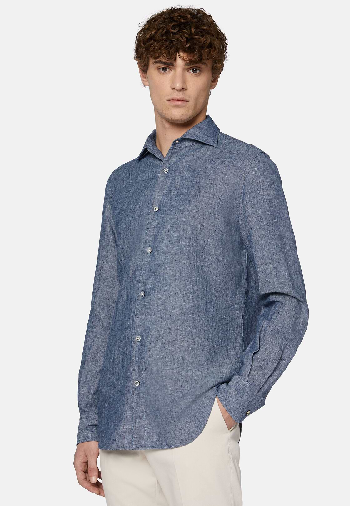 Chemise En Denim De Coton Et Lin Regular Fit, Bleu, hi-res