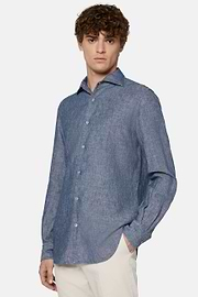 Chemise En Denim De Coton Et Lin Regular Fit, Bleu, hi-res