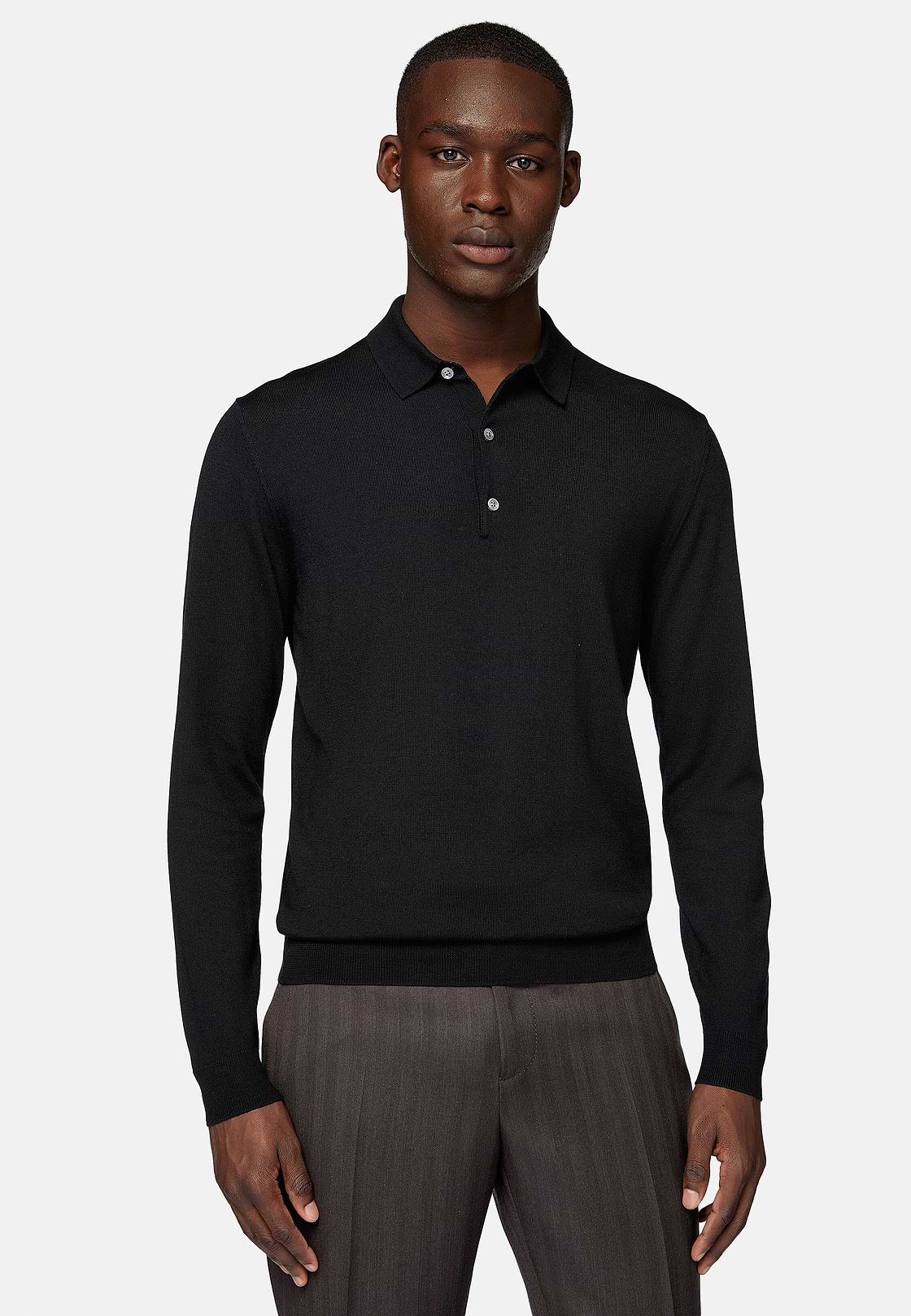 Black Merino Wool Knitted Polo Shirt, Black, hi-res