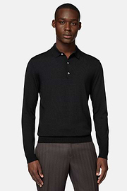 Black Merino Wool Knitted Polo Shirt, Black, hi-res