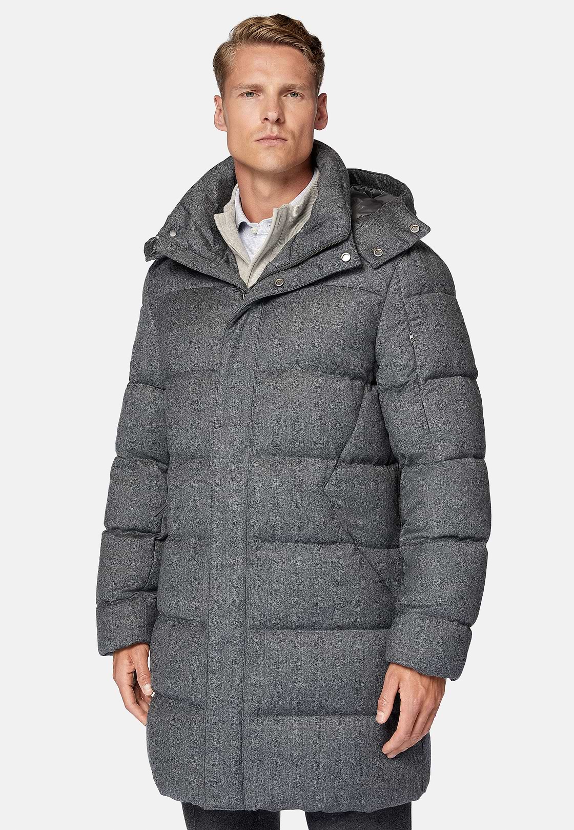 Parka In Flanella Imbottito In Piuma D`Oca, Grigio, hi-res